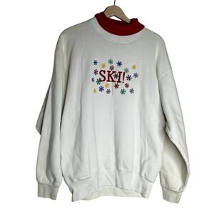 90s Ski Embroidered Turtleneck sweatshirt Skicore Apres Ski White Red